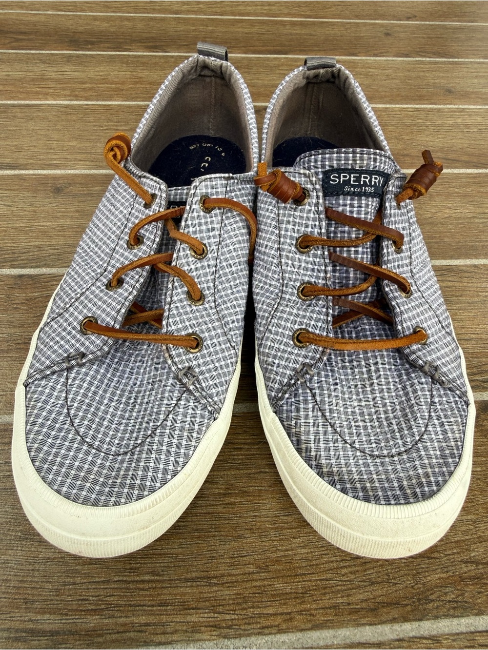 Sperry Women’s Gray Plaid Canvas Sneakers with Brown Laces